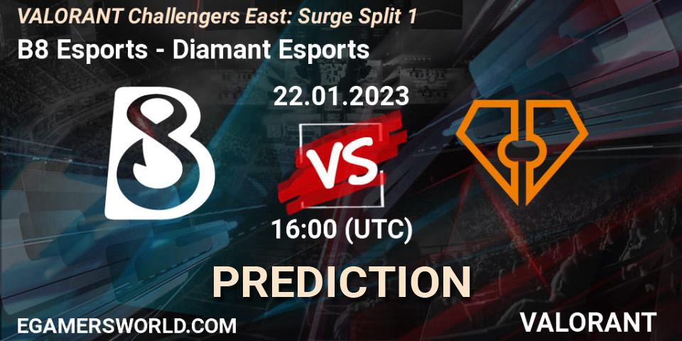 B8 Esports - Diamant Esports: Maç tahminleri. 22.01.2023 at 16:00, VALORANT, VALORANT Challengers 2023 East: Surge Split 1