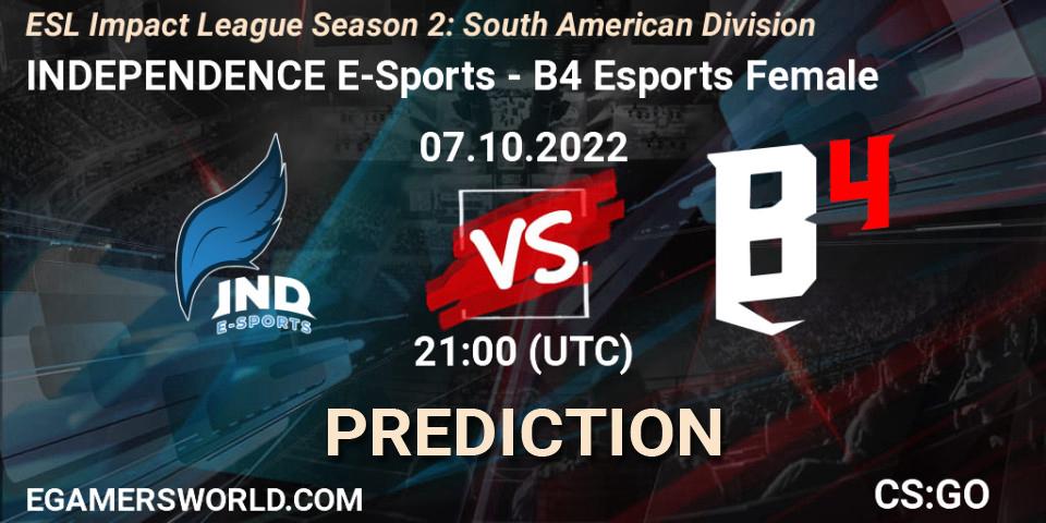 INDEPENDENCE E-Sports - B4 Esports Female: Maç tahminleri. 07.10.2022 at 21:00, Counter-Strike (CS2), ESL Impact League Season 2: South American Division