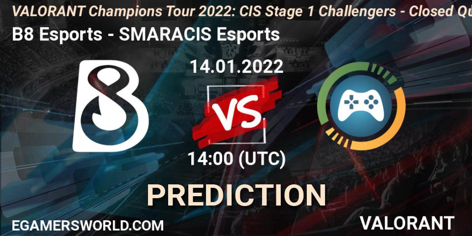 B8 Esports - SMARACIS Esports: Maç tahminleri. 14.01.2022 at 14:00, VALORANT, VCT 2022: CIS Stage 1 Challengers - Closed Qualifier 1
