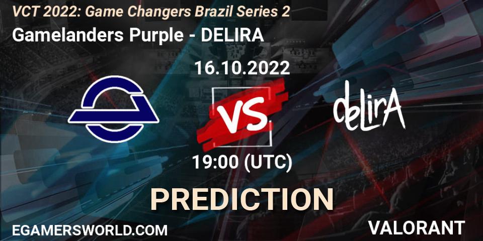 Gamelanders Purple - DELIRA: Maç tahminleri. 16.10.2022 at 18:30, VALORANT, VCT 2022: Game Changers Brazil Series 2