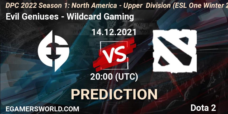 Evil Geniuses - Wildcard Gaming: Maç tahminleri. 14.12.2021 at 19:58, Dota 2, DPC 2022 Season 1: North America - Upper Division (ESL One Winter 2021)