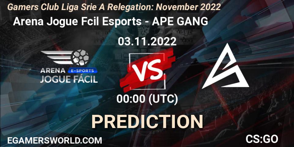  Arena Jogue Fácil Esports - APE GANG: Maç tahminleri. 03.11.2022 at 00:00, Counter-Strike (CS2), Gamers Club Liga Série A Relegation: November 2022