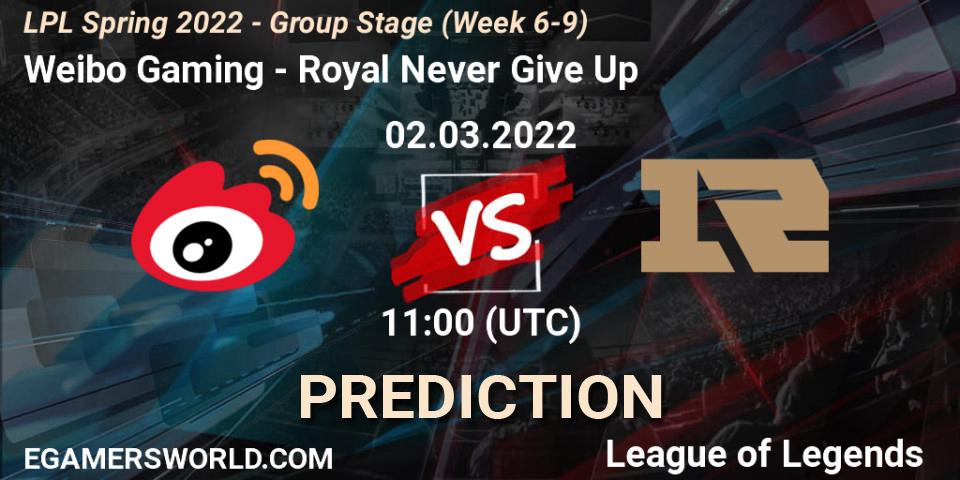 Weibo Gaming - Royal Never Give Up: Maç tahminleri. 02.03.2022 at 11:15, LoL, LPL Spring 2022 - Group Stage (Week 6-9)