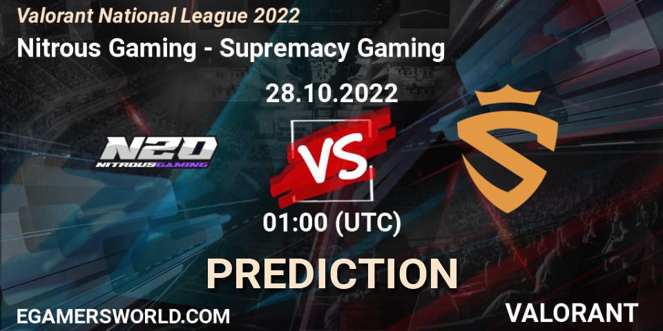 Nitrous Gaming - Supremacy Gaming: Maç tahminleri. 28.10.2022 at 01:00, VALORANT, Valorant National League 2022