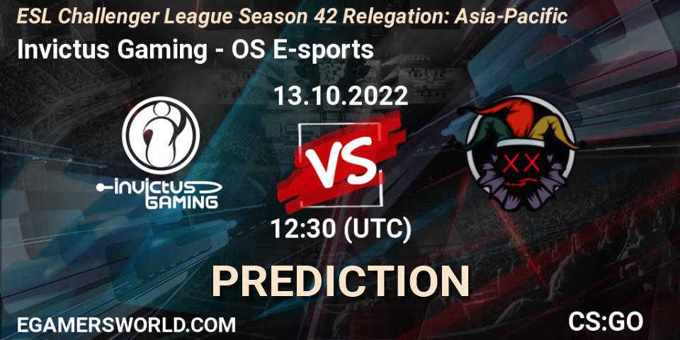 Invictus Gaming - OS E-sports: Maç tahminleri. 13.10.2022 at 12:30, Counter-Strike (CS2), ESL Challenger League Season 42 Relegation: Asia-Pacific