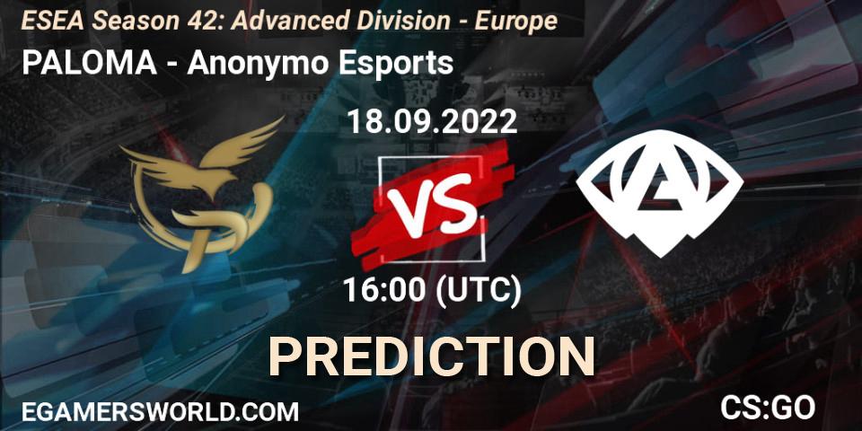 PALOMA - Anonymo Esports: Maç tahminleri. 18.09.2022 at 16:00, Counter-Strike (CS2), ESEA Season 42: Advanced Division - Europe