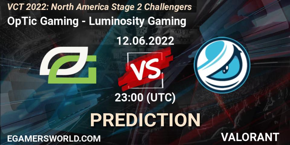 OpTic Gaming - Luminosity Gaming: Maç tahminleri. 12.06.2022 at 22:05, VALORANT, VCT 2022: North America Stage 2 Challengers