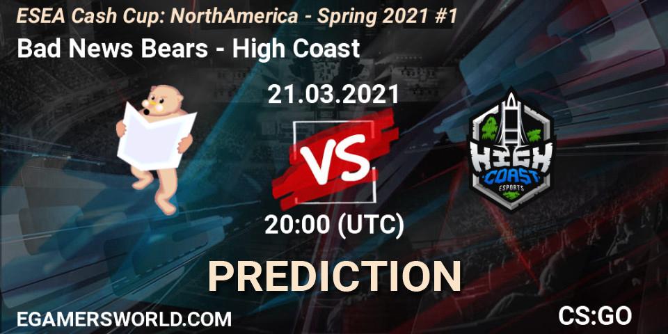 Bad News Bears - High Coast: Maç tahminleri. 21.03.2021 at 20:00, Counter-Strike (CS2), ESEA Cash Cup: North America - Spring 2021 #1
