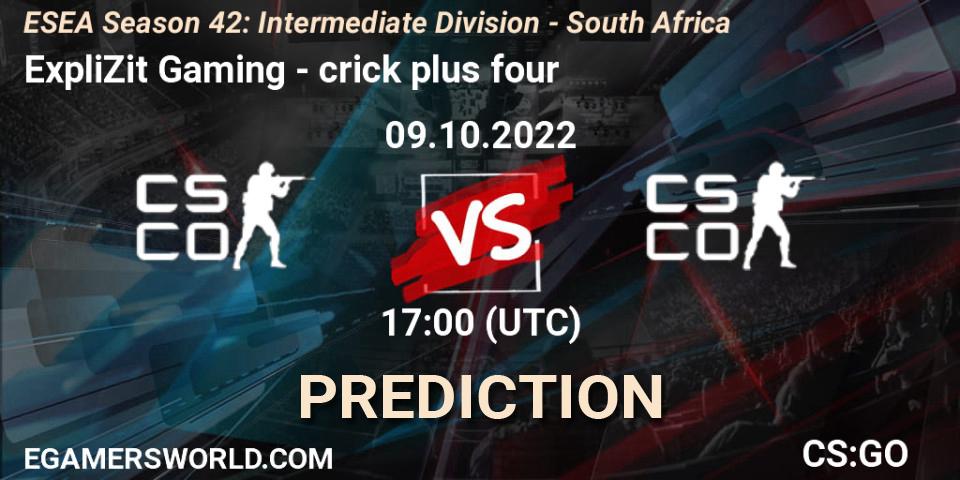 ExpliZit Gaming - crick plus four: Maç tahminleri. 09.10.2022 at 17:00, Counter-Strike (CS2), ESEA Season 42: Intermediate Division - South Africa