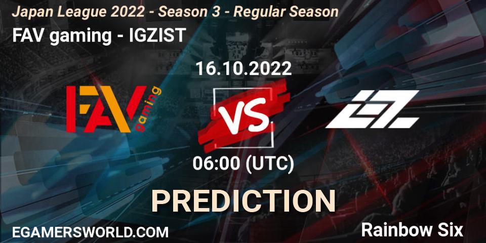 FAV gaming - IGZIST: Maç tahminleri. 16.10.2022 at 06:00, Rainbow Six, Japan League 2022 - Season 3 - Regular Season