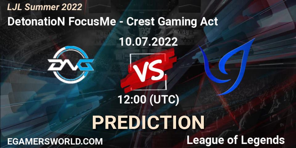 DetonatioN FocusMe - Crest Gaming Act: Maç tahminleri. 10.07.2022 at 12:00, LoL, LJL Summer 2022