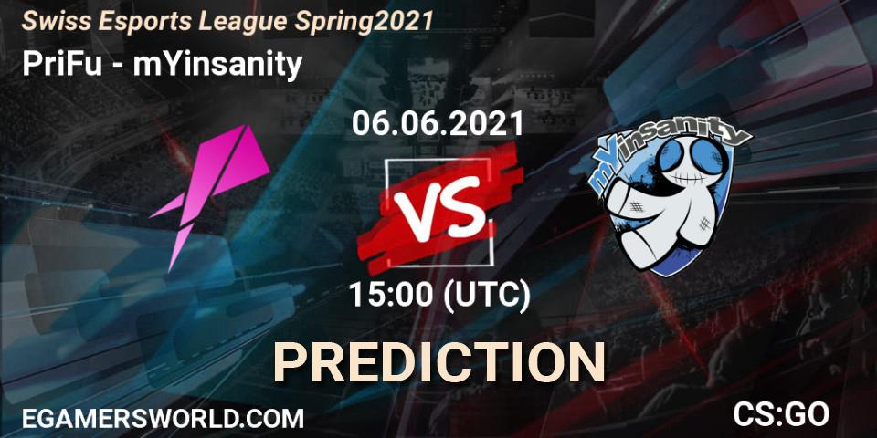 PriFu - mYinsanity: Maç tahminleri. 06.06.2021 at 15:00, Counter-Strike (CS2), Swiss Esports League Spring 2021