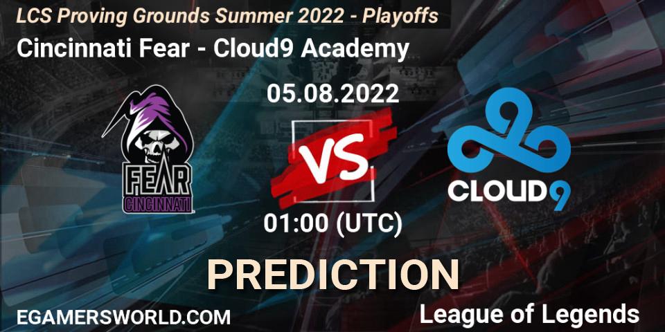 Cincinnati Fear - Cloud9 Academy: Maç tahminleri. 05.08.2022 at 00:00, LoL, LCS Proving Grounds Summer 2022 - Playoffs