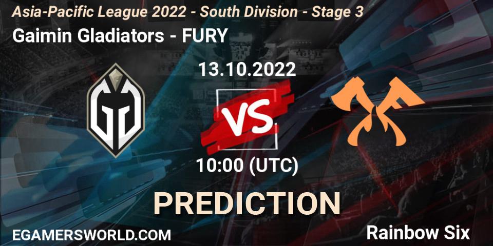 Gaimin Gladiators - FURY: Maç tahminleri. 13.10.2022 at 10:00, Rainbow Six, Asia-Pacific League 2022 - South Division - Stage 3