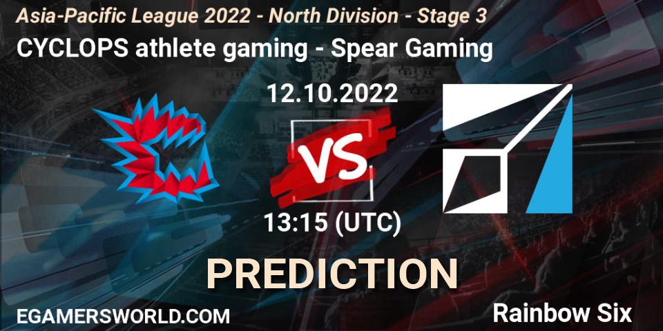 CYCLOPS athlete gaming - Spear Gaming: Maç tahminleri. 12.10.2022 at 13:15, Rainbow Six, Asia-Pacific League 2022 - North Division - Stage 3