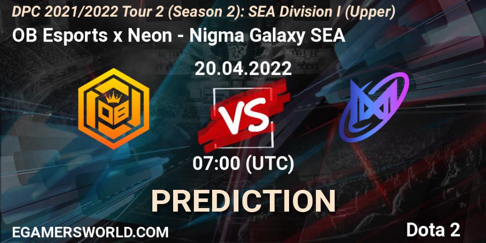 OB Esports x Neon - Nigma Galaxy SEA: Maç tahminleri. 20.04.2022 at 07:01, Dota 2, DPC 2021/2022 Tour 2 (Season 2): SEA Division I (Upper)