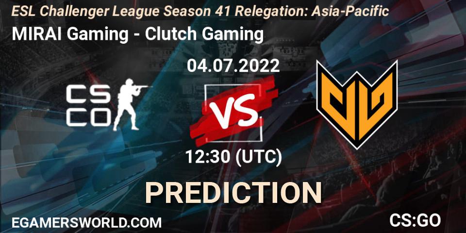 MIRAI Gaming - Clutch Gaming: Maç tahminleri. 04.07.2022 at 12:30, Counter-Strike (CS2), ESL Challenger League Season 41 Relegation: Asia-Pacific