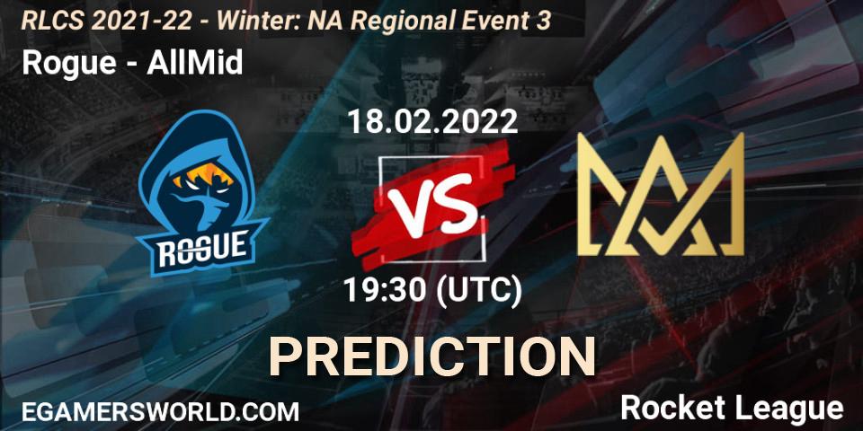 Rogue - AllMid: Maç tahminleri. 18.02.2022 at 19:30, Rocket League, RLCS 2021-22 - Winter: NA Regional Event 3