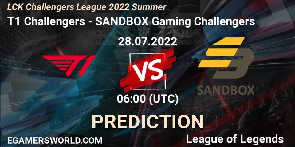 T1 Challengers - SANDBOX Gaming Challengers: Maç tahminleri. 28.07.2022 at 06:00, LoL, LCK Challengers League 2022 Summer
