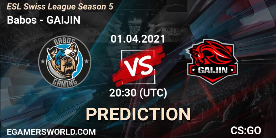 Babos - GAIJIN: Maç tahminleri. 01.04.2021 at 20:30, Counter-Strike (CS2), ESL Swiss League Season 5