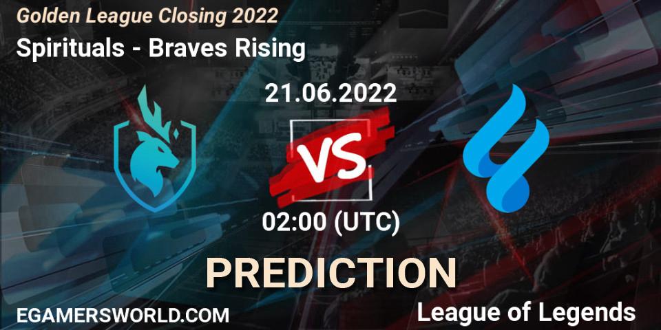 Spirituals - Braves Rising: Maç tahminleri. 21.06.2022 at 02:00, LoL, Golden League Closing 2022