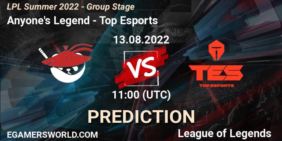 Anyone's Legend - Top Esports: Maç tahminleri. 13.08.2022 at 12:00, LoL, LPL Summer 2022 - Group Stage