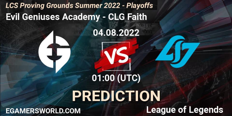 Evil Geniuses Academy - CLG Faith: Maç tahminleri. 04.08.2022 at 00:00, LoL, LCS Proving Grounds Summer 2022 - Playoffs