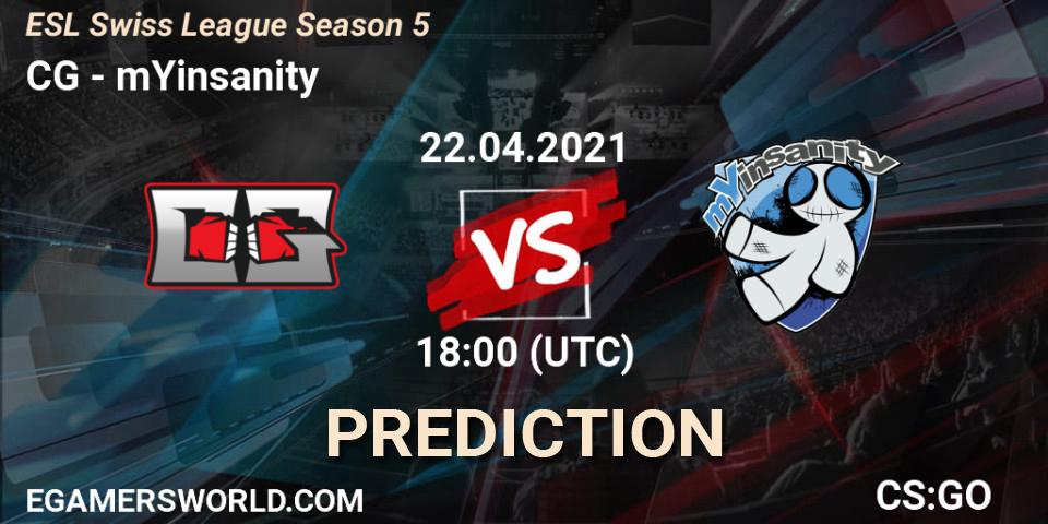 CG - mYinsanity: Maç tahminleri. 22.04.2021 at 18:00, Counter-Strike (CS2), ESL Swiss League Season 5