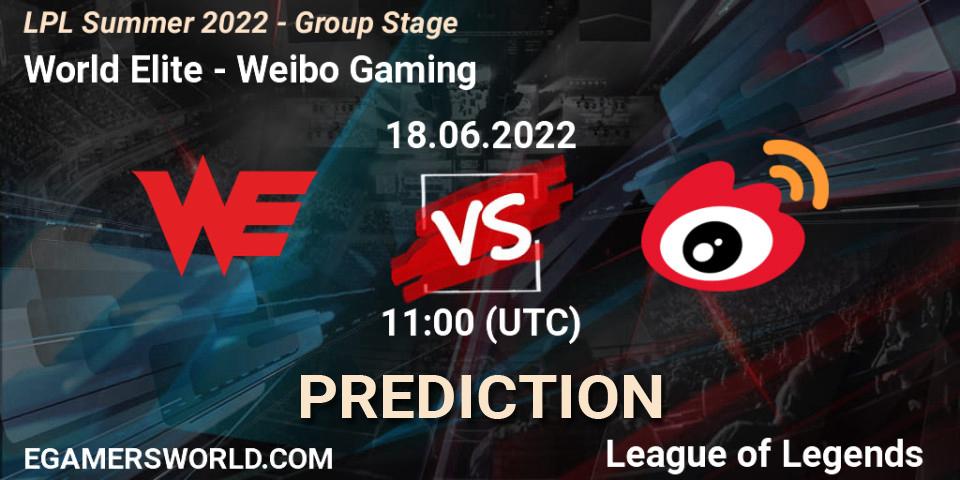 World Elite - Weibo Gaming: Maç tahminleri. 18.06.2022 at 11:00, LoL, LPL Summer 2022 - Group Stage