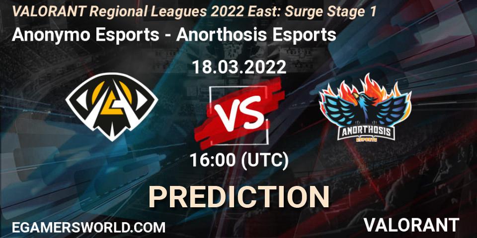 Anonymo Esports - Anorthosis Esports: Maç tahminleri. 18.03.2022 at 16:00, VALORANT, VALORANT Regional Leagues 2022 East: Surge Stage 1
