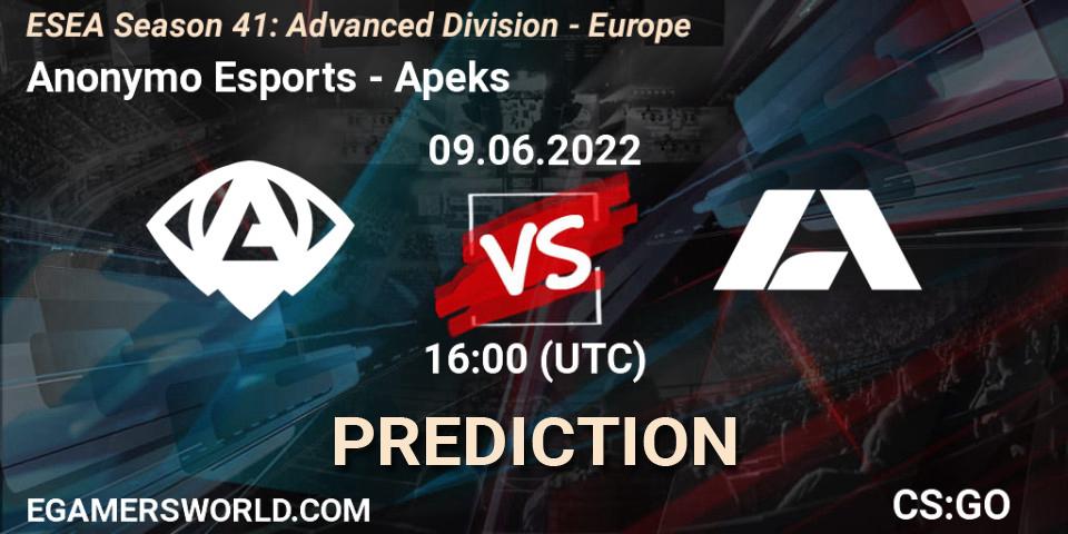 Anonymo Esports - Apeks: Maç tahminleri. 09.06.22, CS2 (CS:GO), ESEA Season 41: Advanced Division - Europe