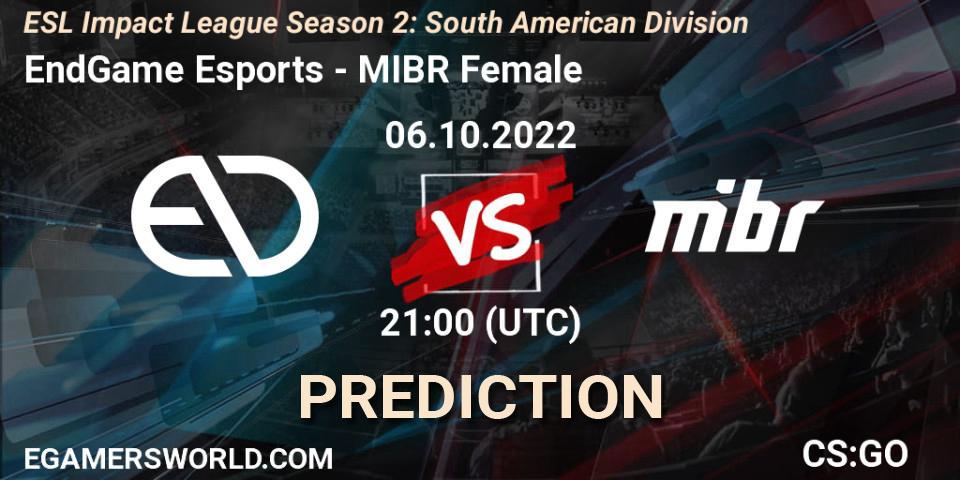 EndGame Esports - MIBR Female: Maç tahminleri. 06.10.2022 at 21:00, Counter-Strike (CS2), ESL Impact League Season 2: South American Division
