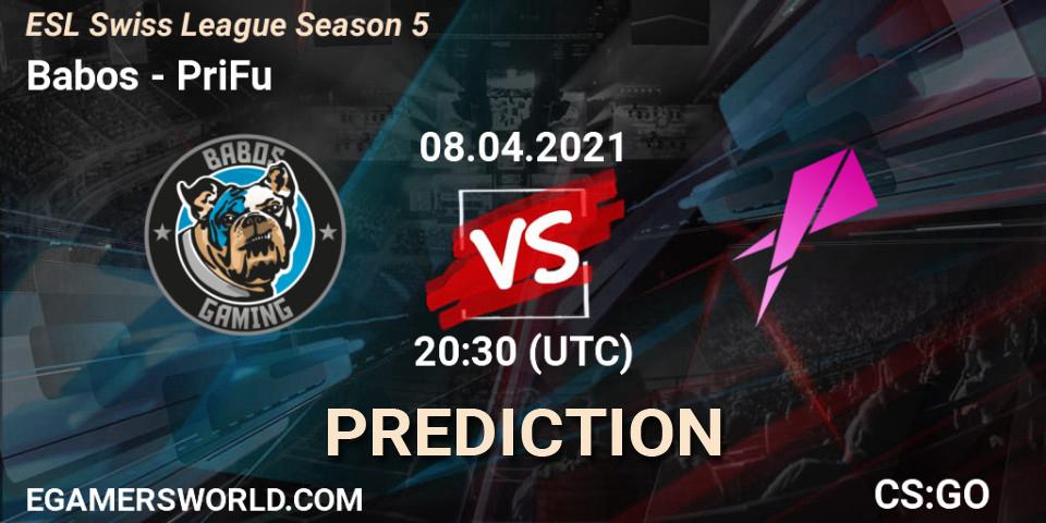 Babos - PriFu: Maç tahminleri. 08.04.2021 at 20:30, Counter-Strike (CS2), ESL Swiss League Season 5