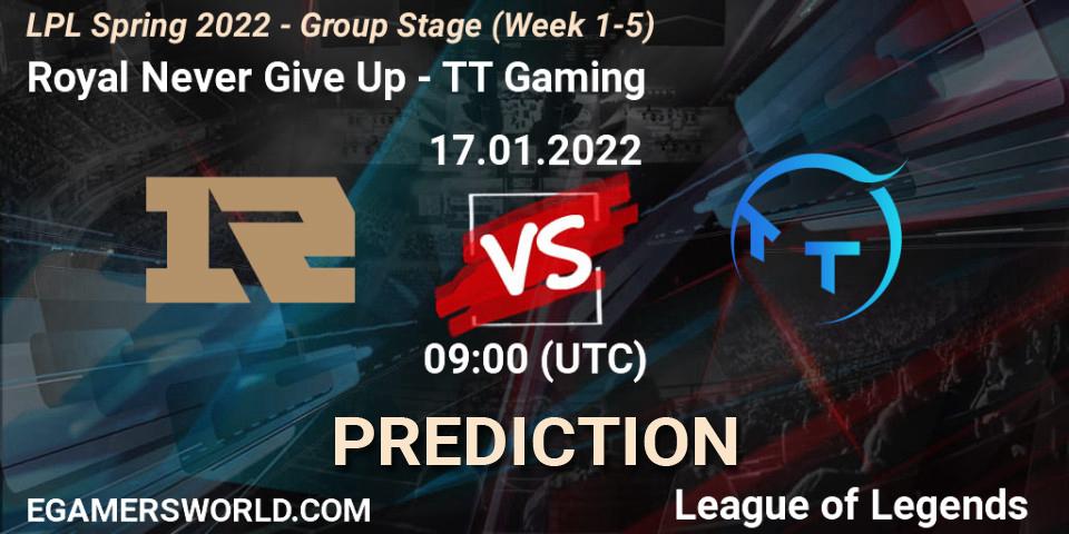 Royal Never Give Up - TT Gaming: Maç tahminleri. 17.01.2022 at 09:00, LoL, LPL Spring 2022 - Group Stage (Week 1-5)
