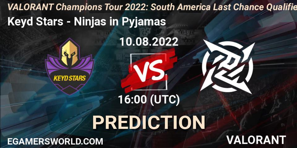 Keyd Stars - Ninjas in Pyjamas: Maç tahminleri. 10.08.2022 at 19:00, VALORANT, VCT 2022: South America Last Chance Qualifier