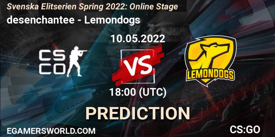 desenchantee - Lemondogs: Maç tahminleri. 10.05.2022 at 18:00, Counter-Strike (CS2), Svenska Elitserien Spring 2022: Online Stage