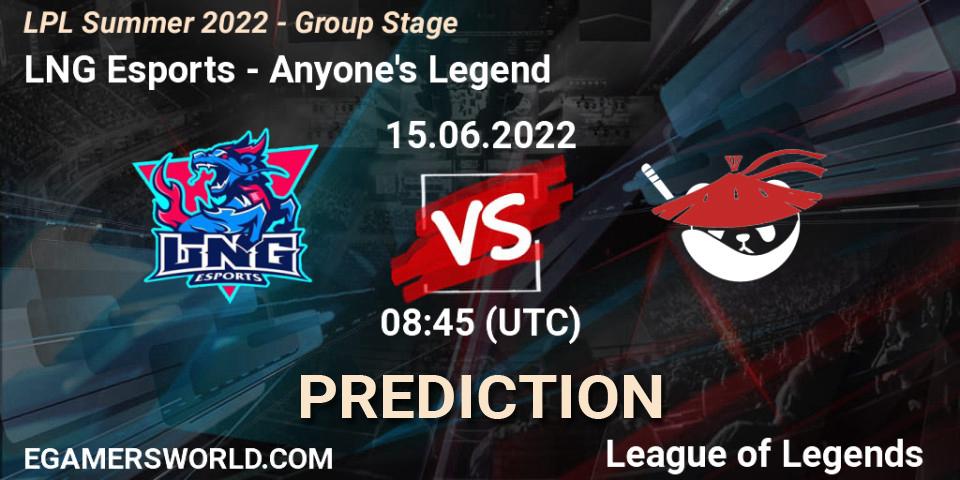 LNG Esports - Anyone's Legend: Maç tahminleri. 15.06.2022 at 09:00, LoL, LPL Summer 2022 - Group Stage