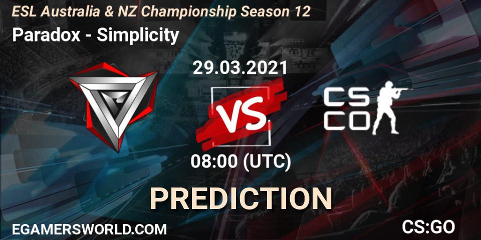 Paradox - Simplicity: Maç tahminleri. 29.03.2021 at 08:40, Counter-Strike (CS2), ESL Australia & NZ Championship Season 12