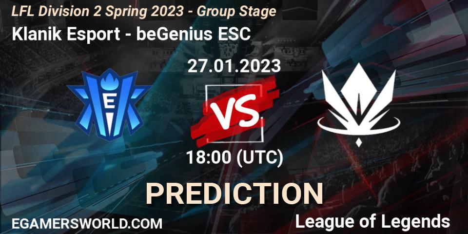 Klanik Esport - beGenius ESC: Maç tahminleri. 27.01.2023 at 18:00, LoL, LFL Division 2 Spring 2023 - Group Stage