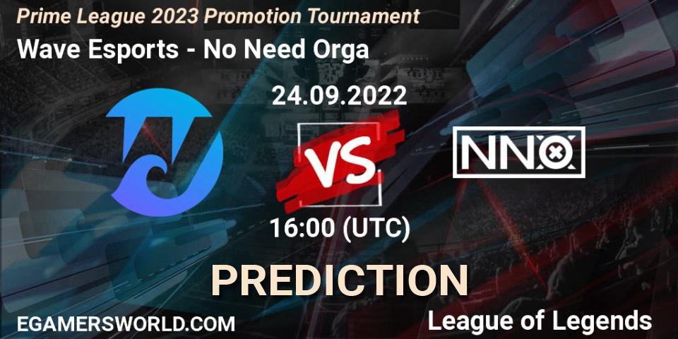 Wave Esports - No Need Orga: Maç tahminleri. 24.09.2022 at 16:00, LoL, Prime League 2023 Promotion Tournament