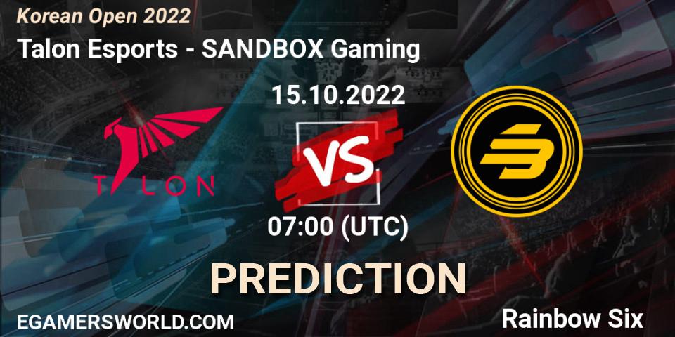 Talon Esports - SANDBOX Gaming: Maç tahminleri. 15.10.2022 at 07:00, Rainbow Six, Korean Open 2022