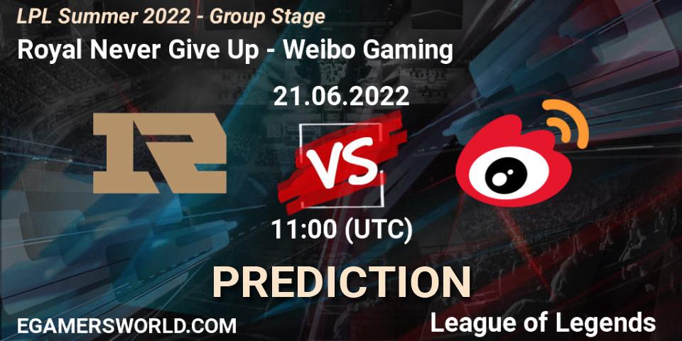 Royal Never Give Up - Weibo Gaming: Maç tahminleri. 21.06.2022 at 11:00, LoL, LPL Summer 2022 - Group Stage