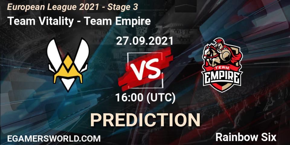 Team Vitality - Team Empire: Maç tahminleri. 27.09.2021 at 16:00, Rainbow Six, European League 2021 - Stage 3