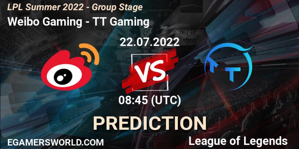 Weibo Gaming - TT Gaming: Maç tahminleri. 22.07.2022 at 09:00, LoL, LPL Summer 2022 - Group Stage