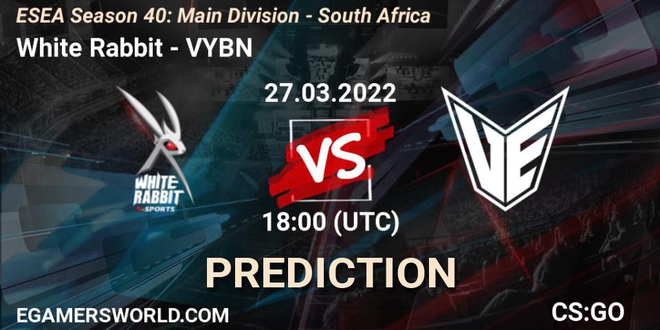 White Rabbit - VYBN: Maç tahminleri. 27.03.2022 at 18:00, Counter-Strike (CS2), ESEA Season 40: Main Division - South Africa