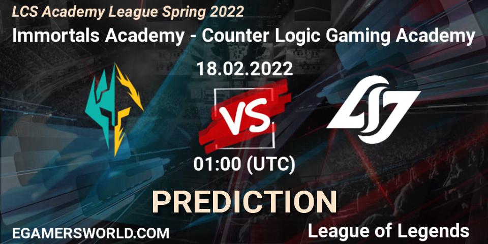 Immortals Academy - Counter Logic Gaming Academy: Maç tahminleri. 18.02.2022 at 00:50, LoL, LCS Academy League Spring 2022