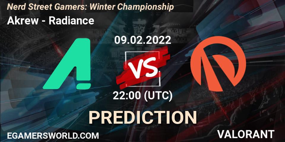 Akrew - Radiance: Maç tahminleri. 09.02.2022 at 22:00, VALORANT, Nerd Street Gamers: Winter Championship
