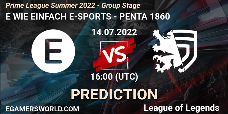 E WIE EINFACH E-SPORTS - PENTA 1860: Maç tahminleri. 14.07.2022 at 16:00, LoL, Prime League Summer 2022 - Group Stage