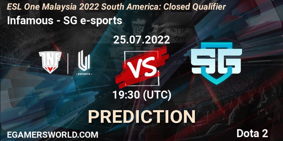 Infamous - SG e-sports: Maç tahminleri. 25.07.2022 at 19:33, Dota 2, ESL One Malaysia 2022 South America: Closed Qualifier