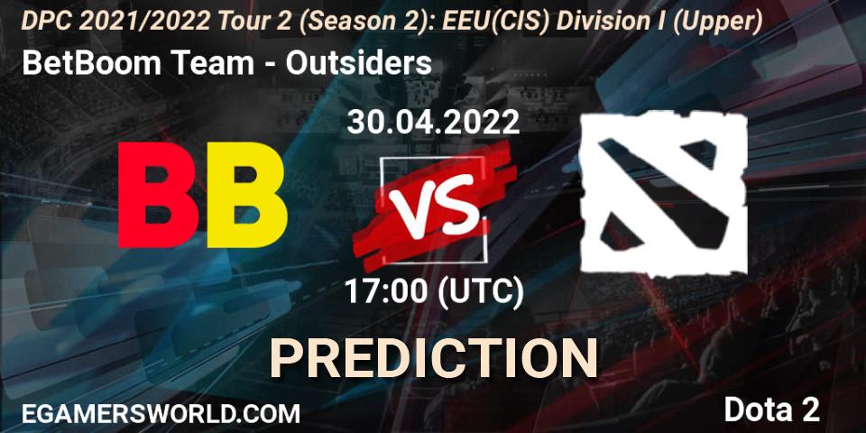 BetBoom Team - Outsiders: Maç tahminleri. 30.04.2022 at 17:00, Dota 2, DPC 2021/2022 Tour 2 (Season 2): EEU(CIS) Division I (Upper)